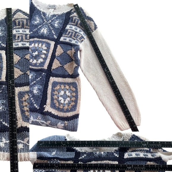Spice of Life Vintage Med Blue Beige Patchwork Granny Square Sweater Cottagecore - Picture 5 of 16